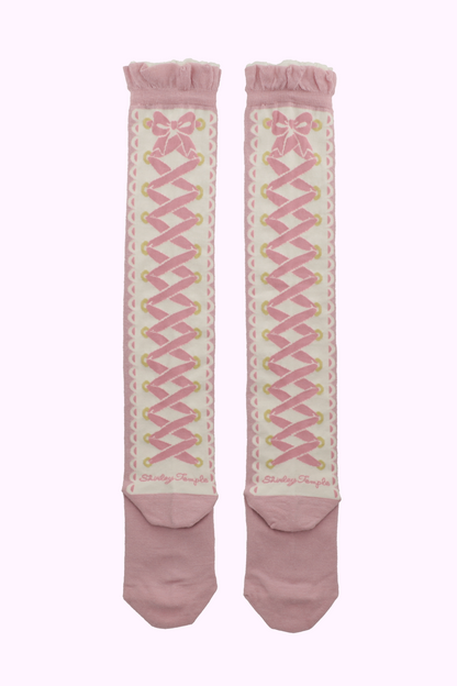 レースアップリボンニーハイソックス