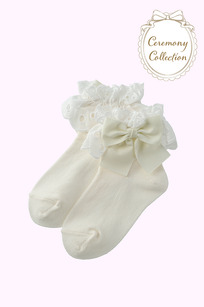 グログランリボン付きクルーソックス（オフ白のみ／11～13cm）New