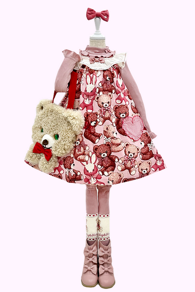 くま＆うさぎぬいぐるみプリントジャンパースカート(Toddler)