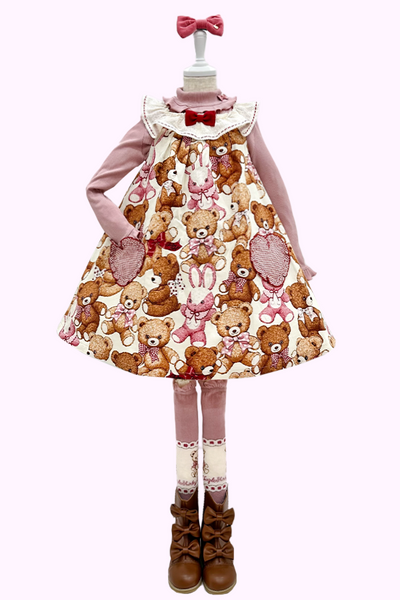 くま＆うさぎぬいぐるみプリントジャンパースカート(Toddler)