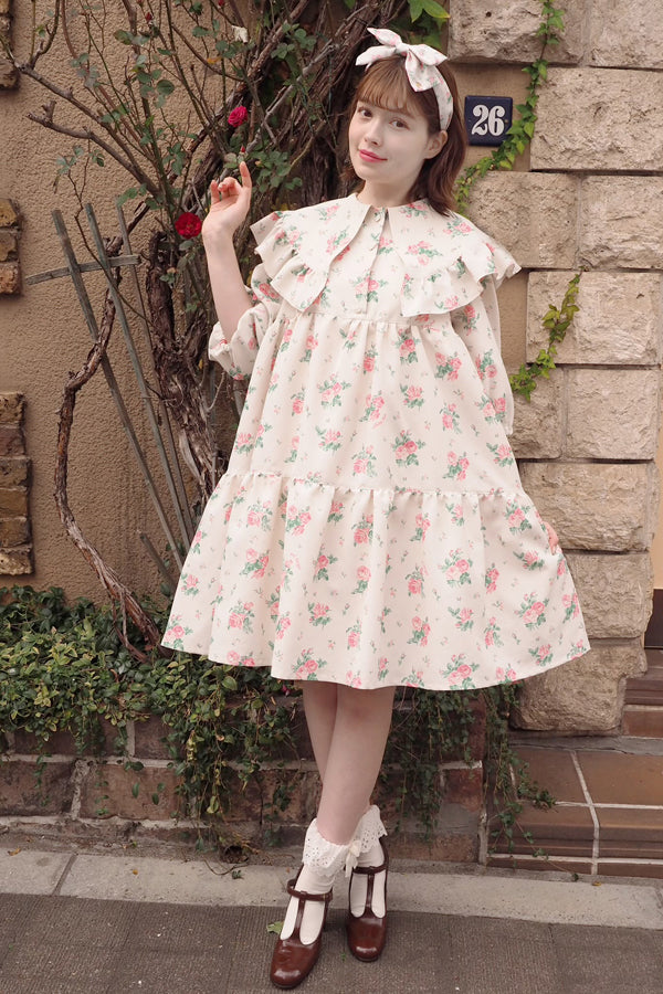 アンティークローズプリントBIGカラーワンピース(Ladies